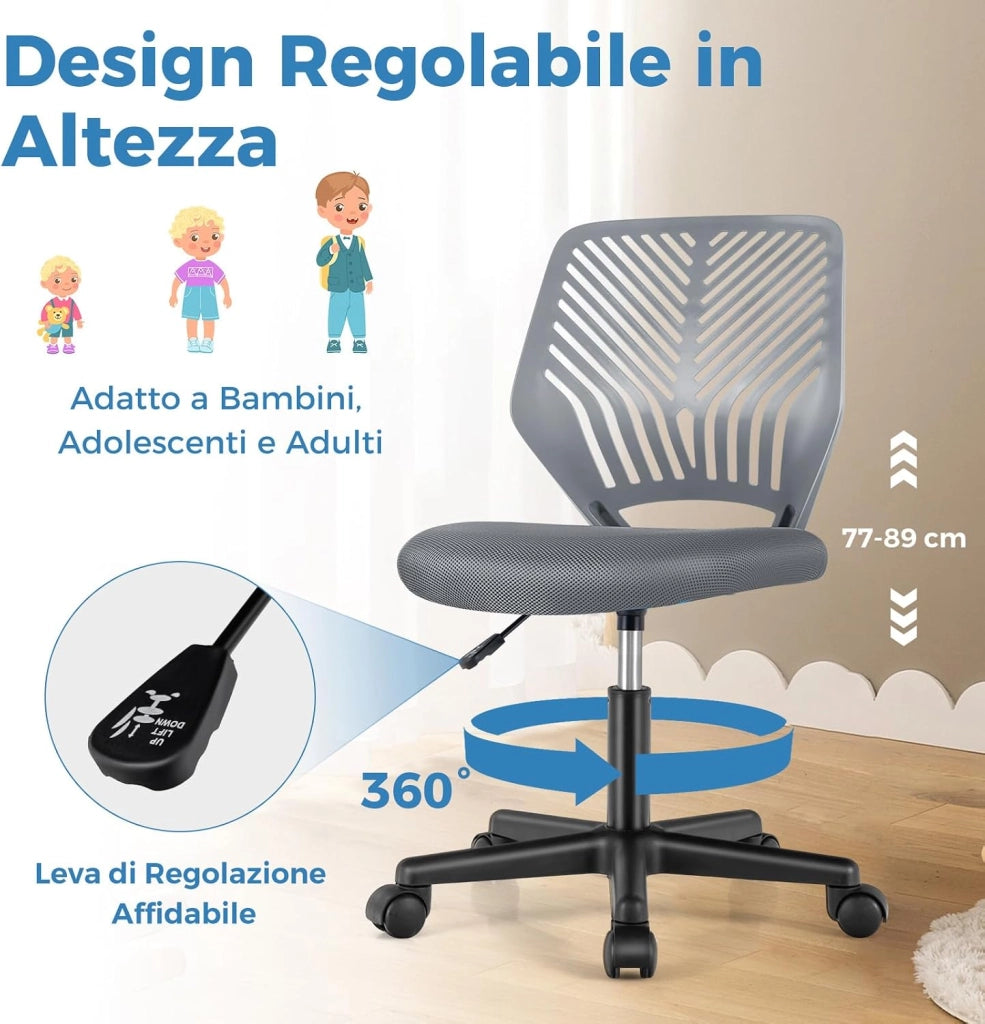 Sedia da Scrivania Ergonomica per Bambini, Sedia per Computer in Rete per Bambini con Ruote Universali, Regolabile in Altezza, Senza Braccioli, Sedia da Studio per Bambini(Grigio)
