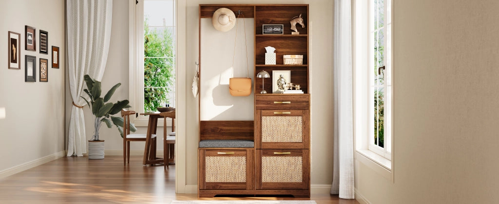Mobili da ingresso con panca, 3 ante ribaltabili, cassetto, ripiani aperti e ganci, in MDF, noce, 100 × 30 × 170 cm