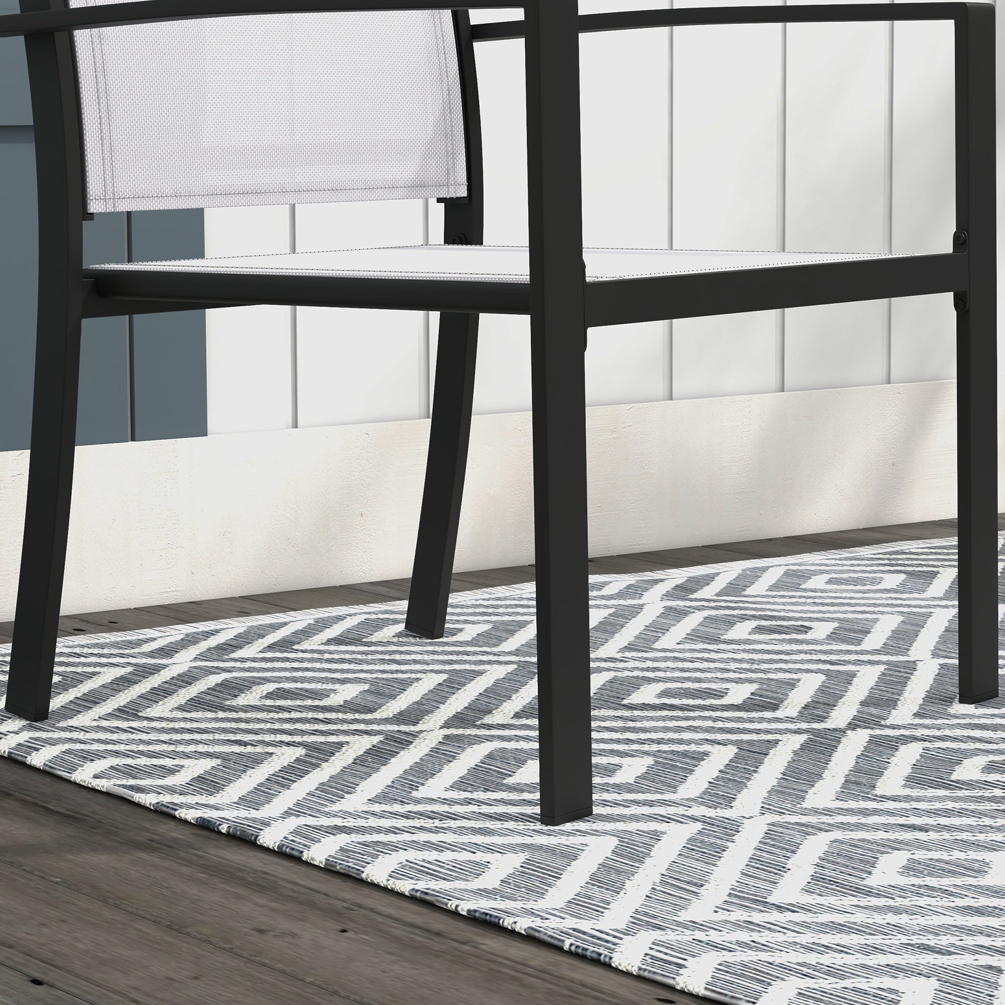 Set Tavolino con Piano in Vetro e 2 Sedie Impilabili da Giardino in Acciaio e Tessuto Grigio Chiaro