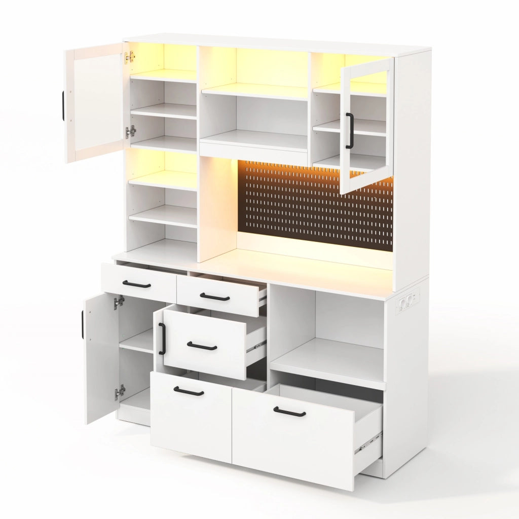 Credenza da cucina alta con piano di lavoro; 5 cassetti; ante in vetro temperato; LED RGB e prese; per cucina; bianco