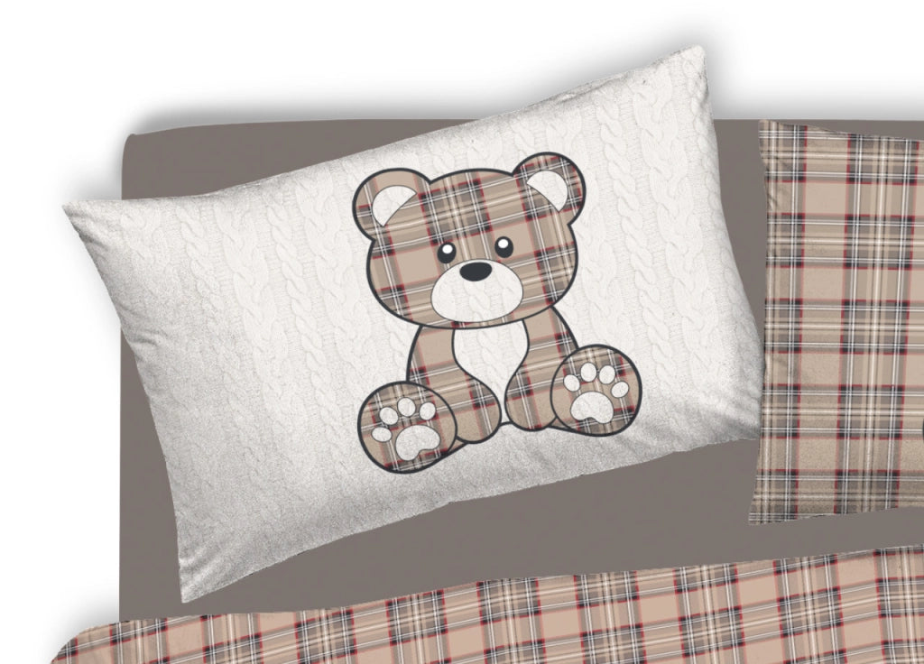 Copripiumino Sacco Piumone Pensieri Delicati 100% Cotone Orsetto Tartan - Singolo - Beige