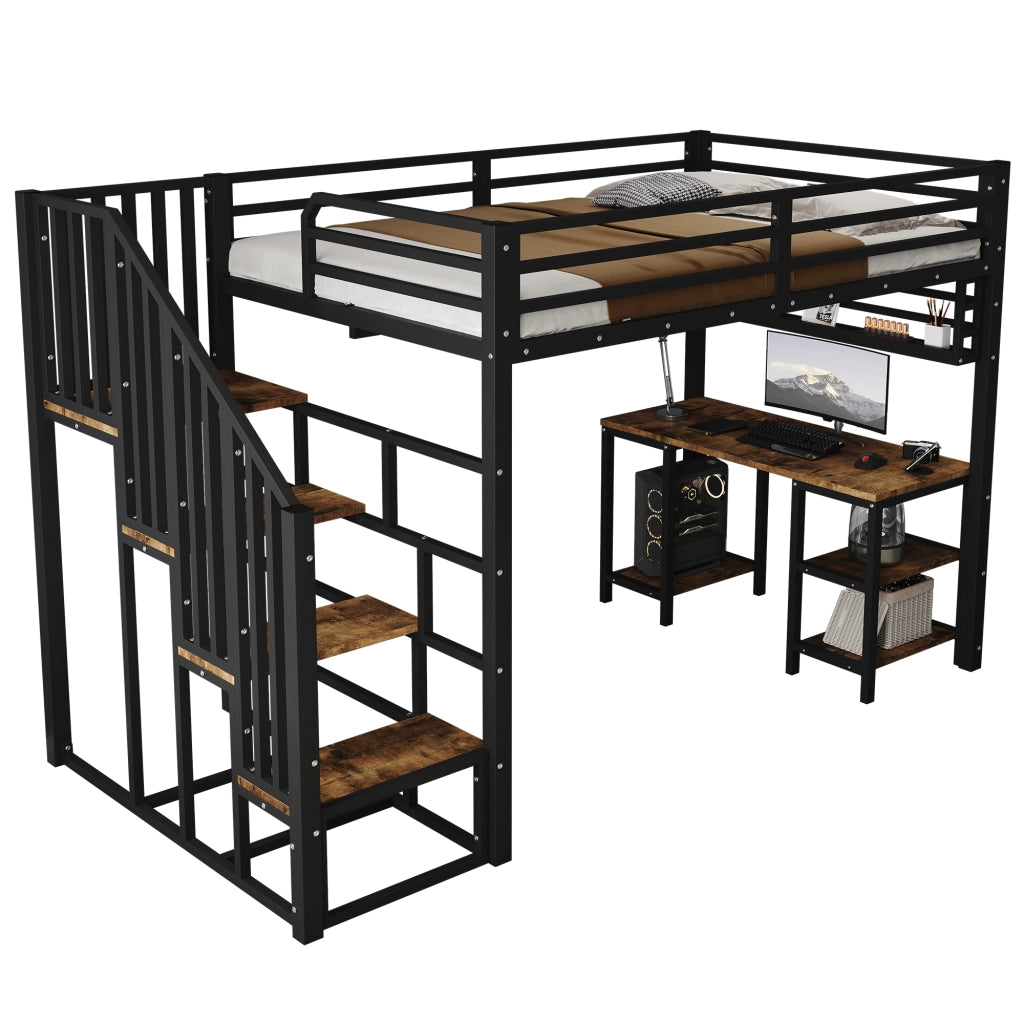 Letto a Soppalco 120x200 cm con Scrivania; Scala con Corrimano e Libreria - Nero