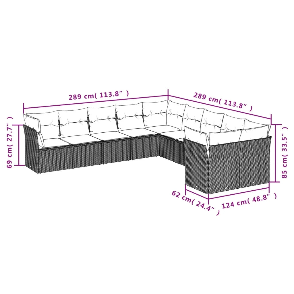 Set Divani da Giardino 10pz con Cuscini in Polyrattan Nero 3218235