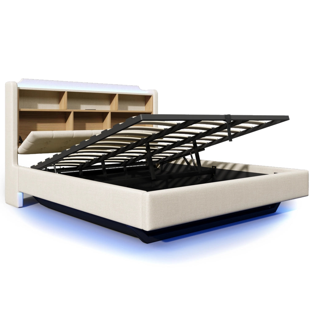 Letto imbottito 180x200 cm con LED; contenitore idraulico; USB e Type-C; beige