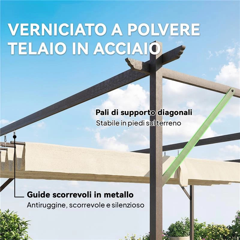 GAZEBO PERGOLA ADDOSSATA 3X4 M CON TETTO RETRATTILE SCORREVOLE E FORI DI DRENAGGIO, BIANCO CREMA