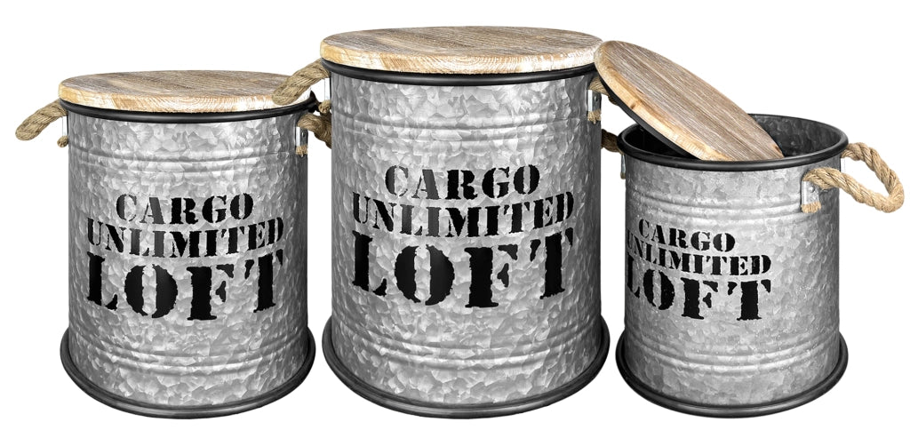 Set 3 Pouf Contenitori In Acciaio SgabellO Tavolino Caffè Salotto Design Moderno Cargo Unlimited Impilabili Salvaspazio Arredo Soggiorno Camera Coperchio Legno Vintage  Naturale