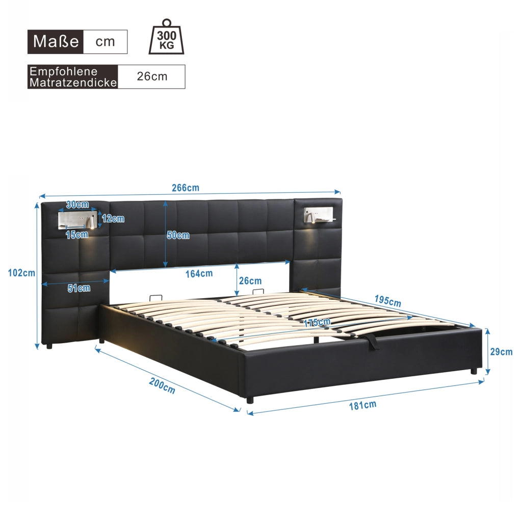 Letto imbottito nero con contenitore, USB e ricarica wireless 180 x 200 cm