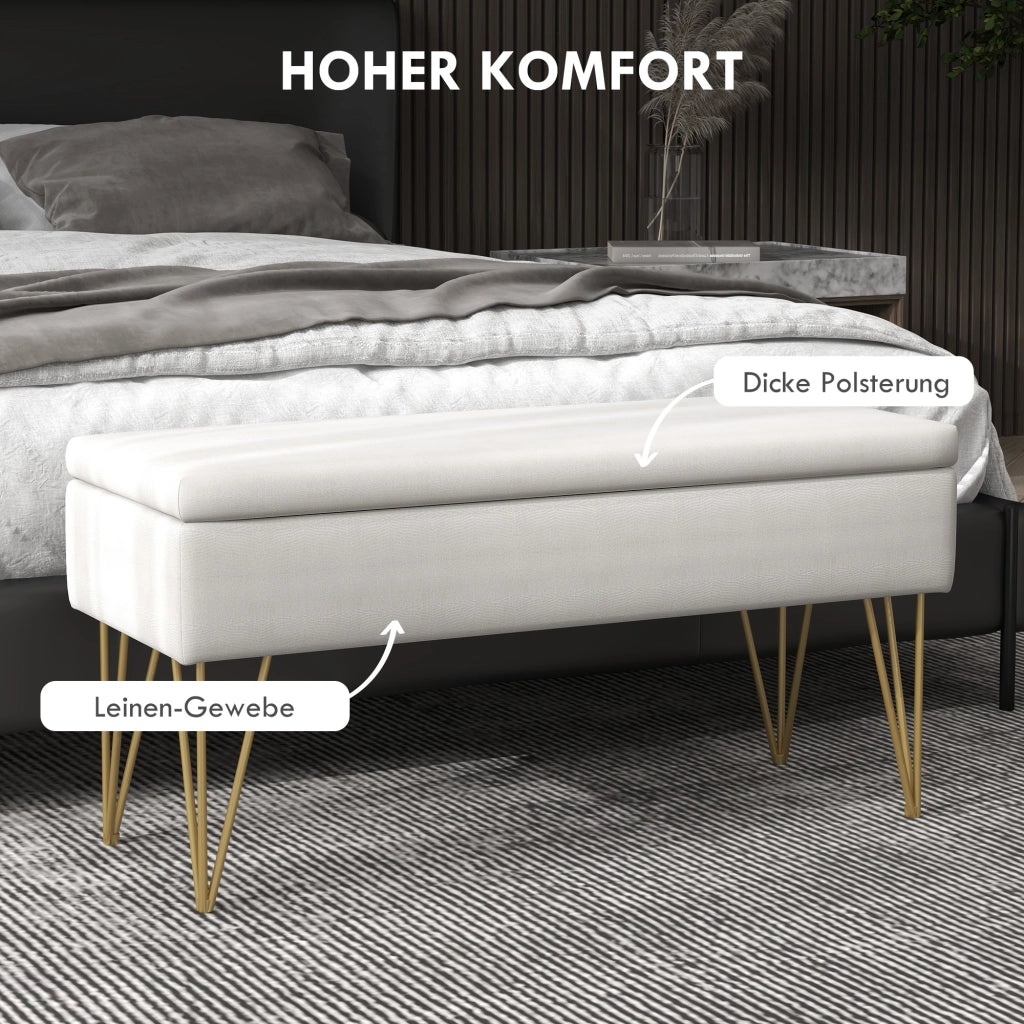 Panca da letto imbottita con vano contenitore e gambe in acciaio in tessuto effetto lino crema 100 × 40 × 49 cm