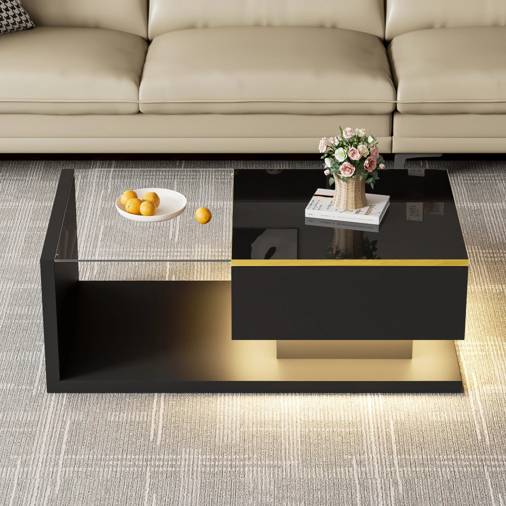 Tavolino da salotto con 1 vano portaoggetti; ripiani aperti e LED; in vetro e pannello truciolare; 90 × 50 × 32.5 cm; Nero