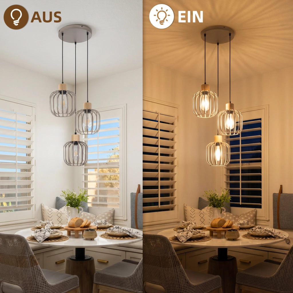 ZMH Lampada a Sospensione 3 Luci Grigio Legno Rotonda E27 Moderna per Soggiorno Cucina Isola Corridoio Senza Lampadina
