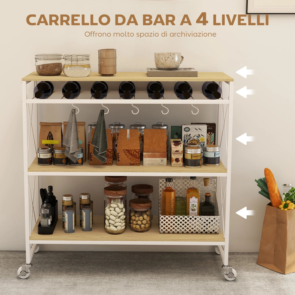 Carrello Portavivande a 4 Livelli con Portabottiglie e 5 Ganci Rimovibili, in Legno e Metallo, 96.5x38x96.7 cm