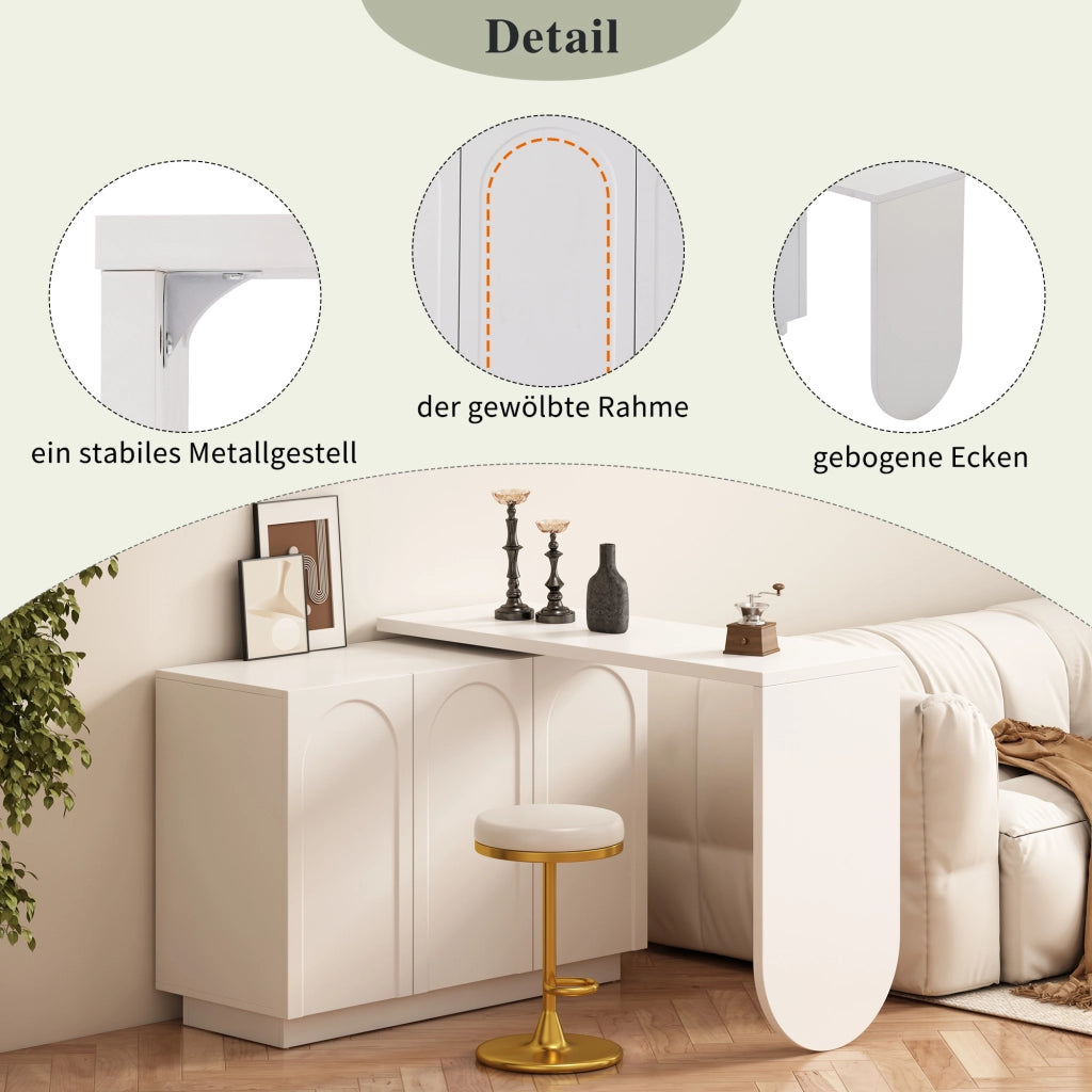 Scrivania angolare con mobile e piano girevole a 360 gradi, 3 vani con ripiani regolabili, in MDF bianco, 110 cm