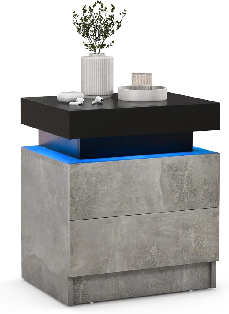 Comodino a LED, Comodino in Finto Marmo con 2 Cassetti, Illuminazione a LED a 20 Colori, Telecomando, Tavolino per Soggiorno, Camera da Letto, 45 x 35 x 52 cm