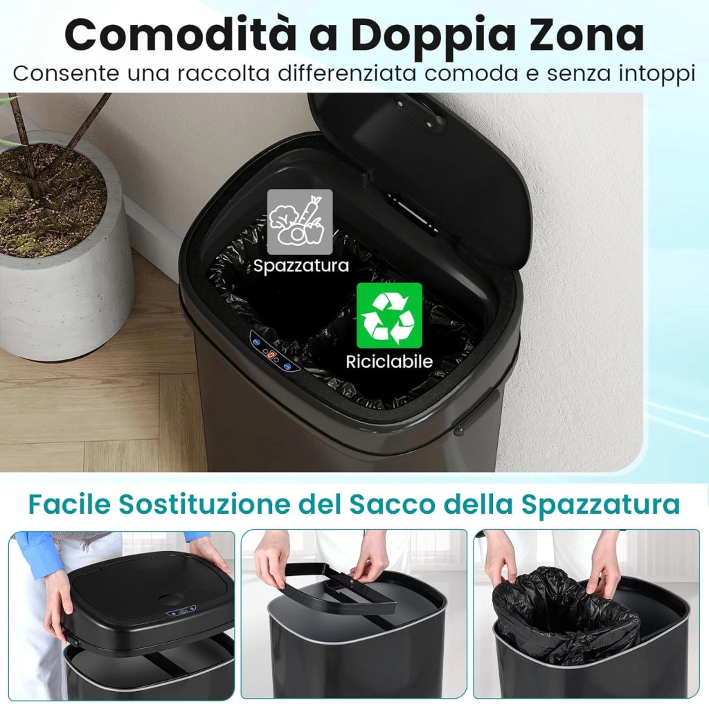 58L Pattumiera Differenziata, Cestino per la Spazzatura con Sensore di Movimento a Infrarossi e Design a Doppia Zona, Bidone Automatico Senza Contatto per Cucina, Ufficio e Soggiorno
