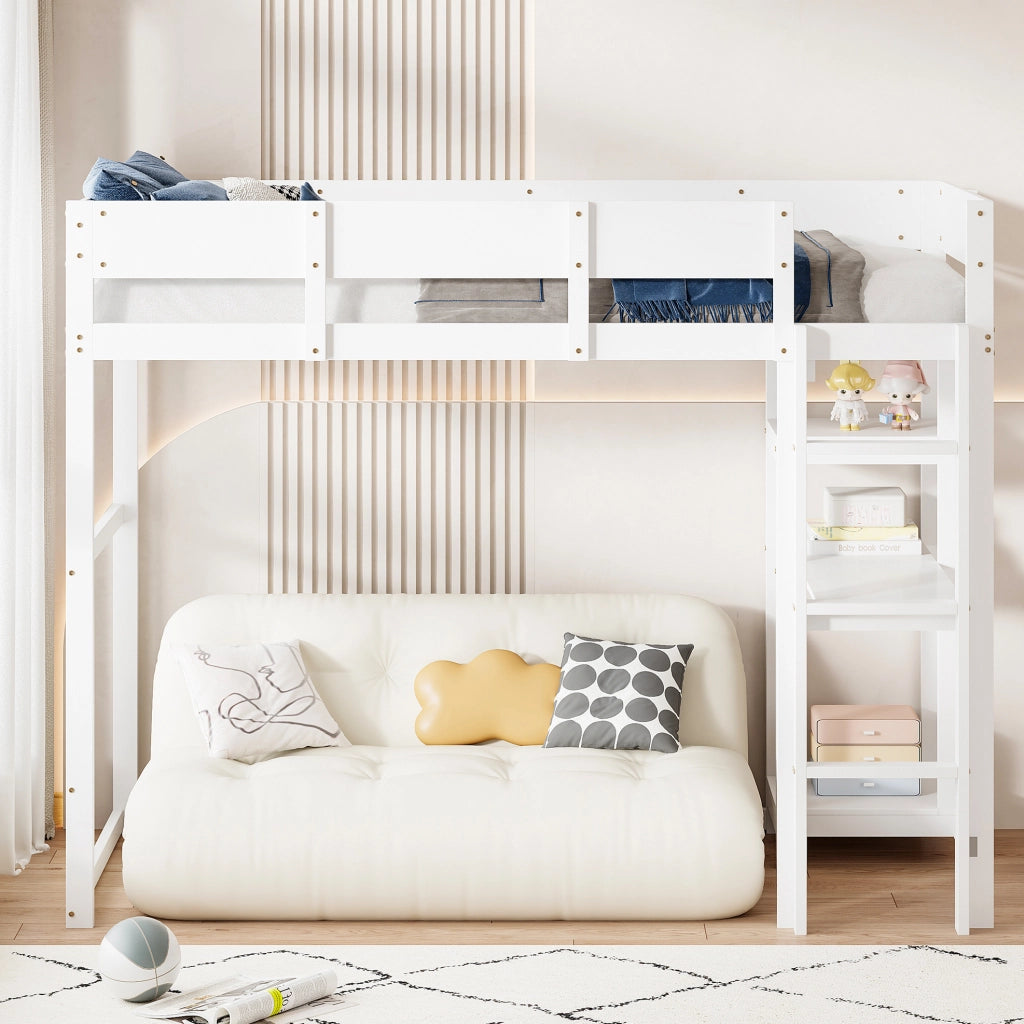 Hochbett 90x200 cm con ripiano; design salvaspazio in legno bianco