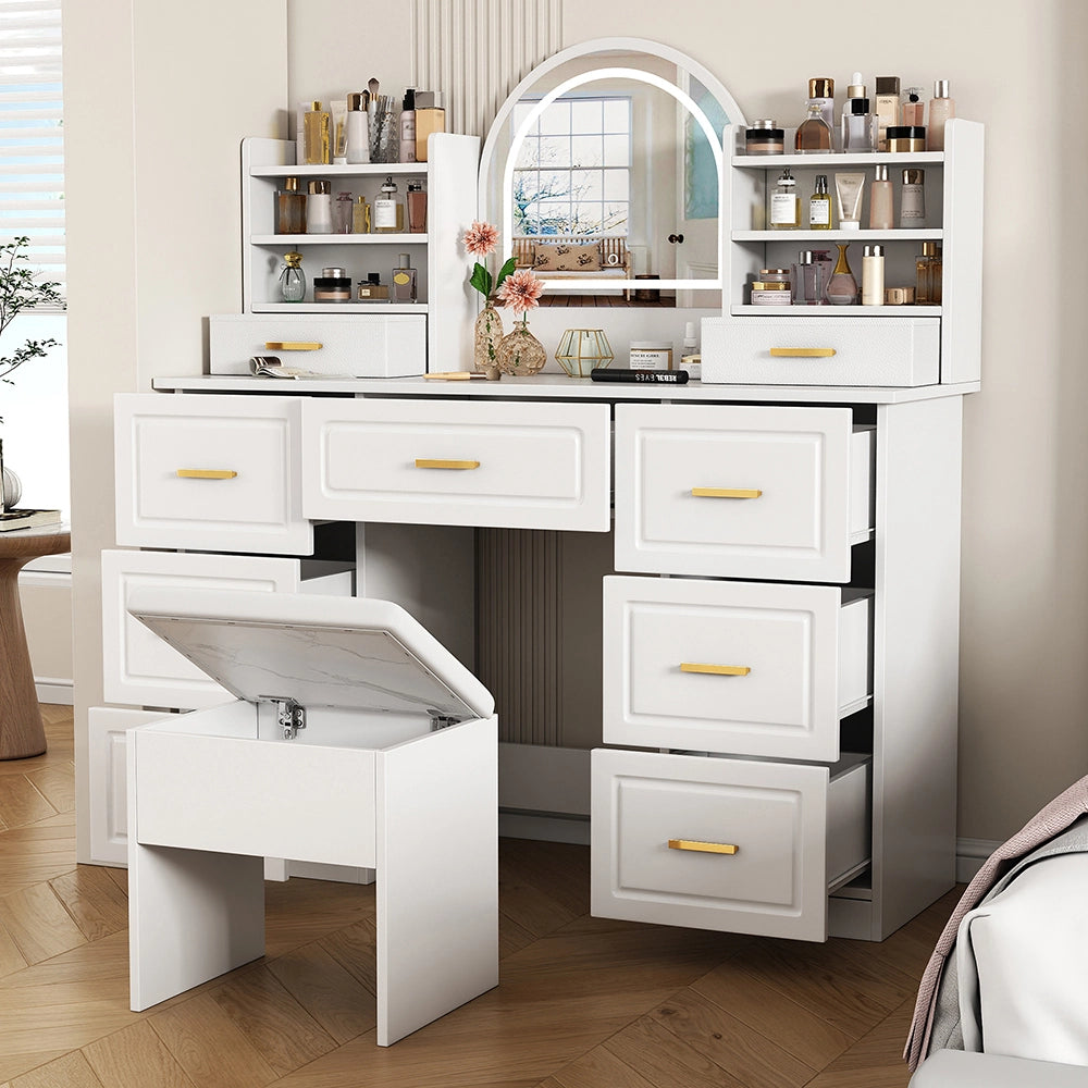 Coiffeuse con specchio e illuminazione LED - Xylo - 120x40x135 cm - Bianca - 9 cassetti per salone o camera da letto