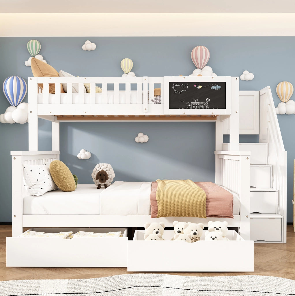 Letto a castello bianco 90x200+140x200 con lavagna e cassetti