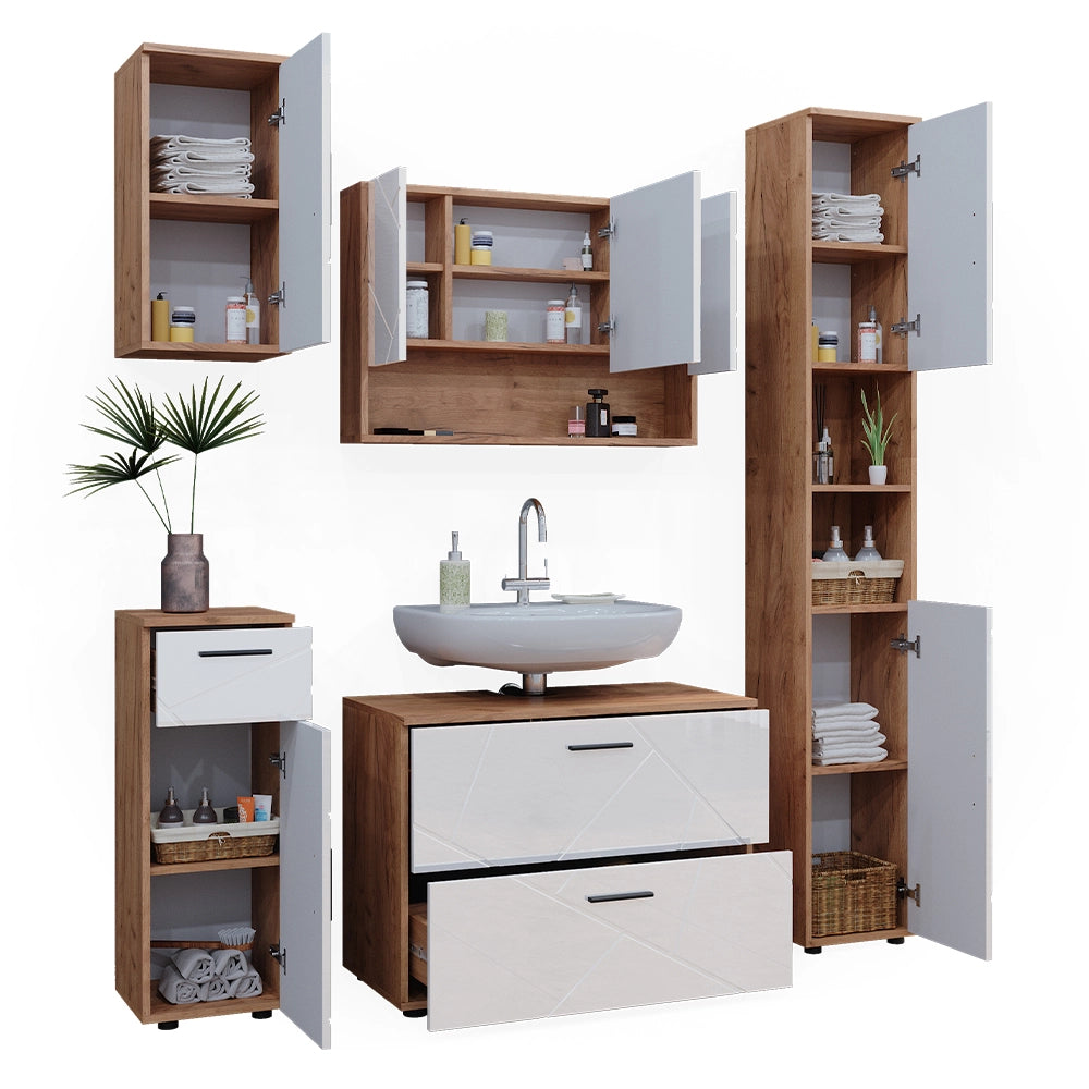Vicco Set di mobili da bagno Bianco lucido/oro power oak 5 parti