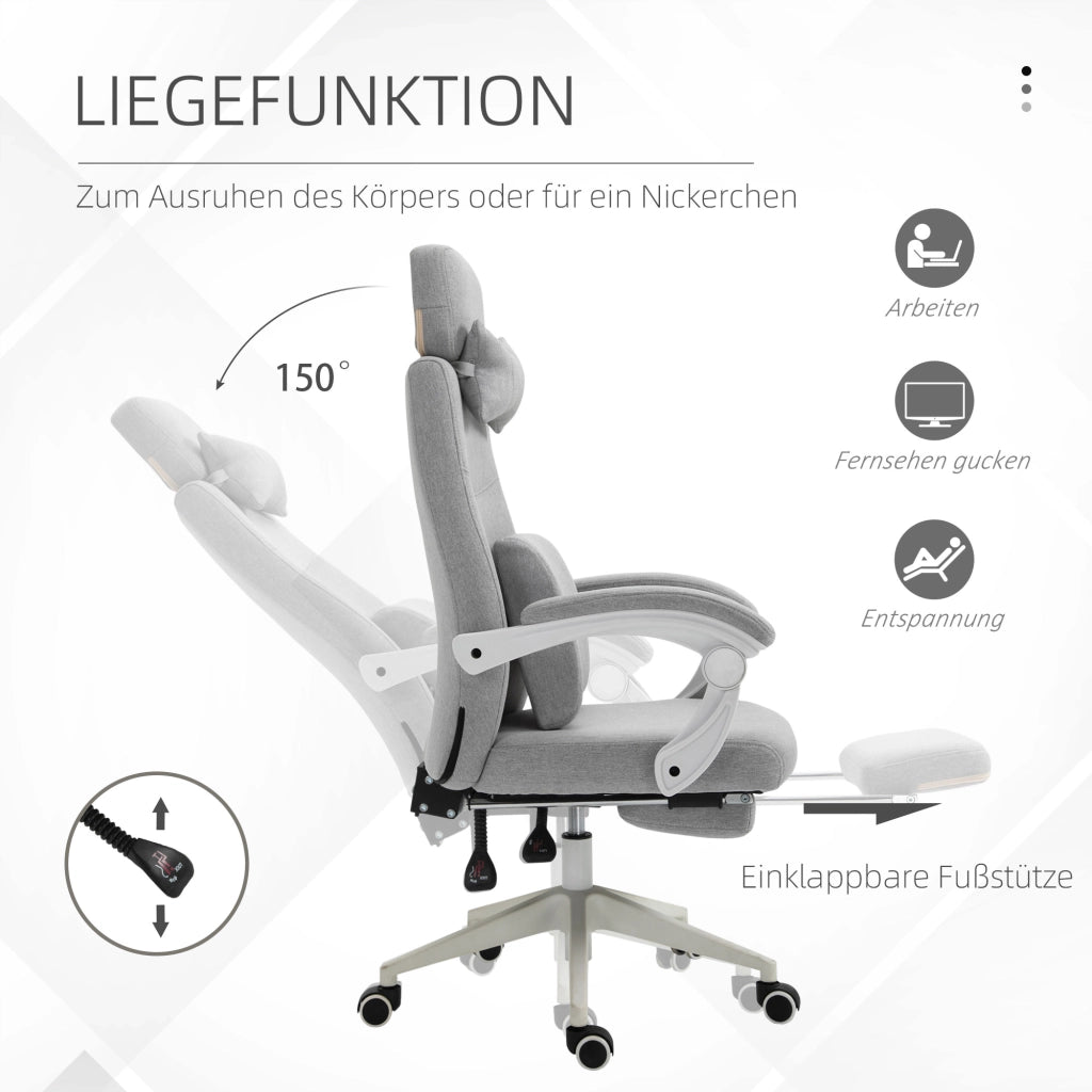 Sedia da ufficio ergonomica girevole con poggiapiedi, schienale reclinabile e rotelle, in poliestere grigio