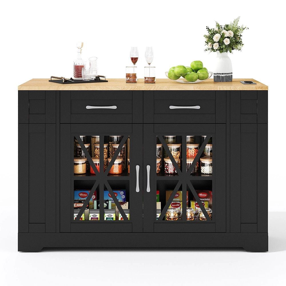 Isola da cucina portatile - Xylo - 120 cm - Ripiano aperto, prese, vetro, laminato regolabile, ruote con freni