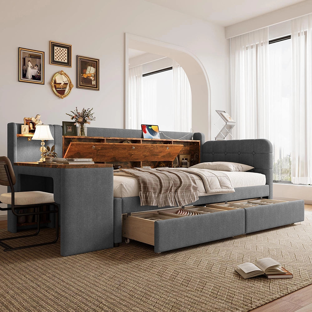 Divano letto 90x200cm?- Xylo - scrivania USB-C lino grigio