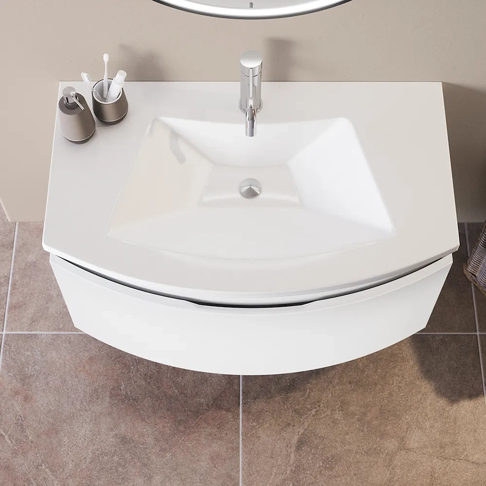 Mobile sospeso 100 cm bianco lucido con un cassetto e lavabo in ceramica, frontale curvo | Lula