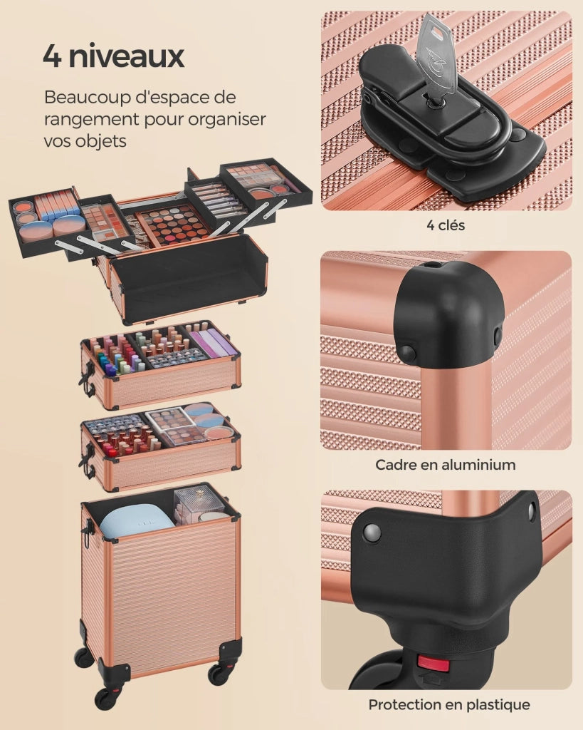Valigetta per il trucco professionale 4 in 1 beauty case XXL (34 x 24 x 79,3 cm) con serratura ruote a 360° per viaggi manicure trucco parrucchiere rosa 12_0007834