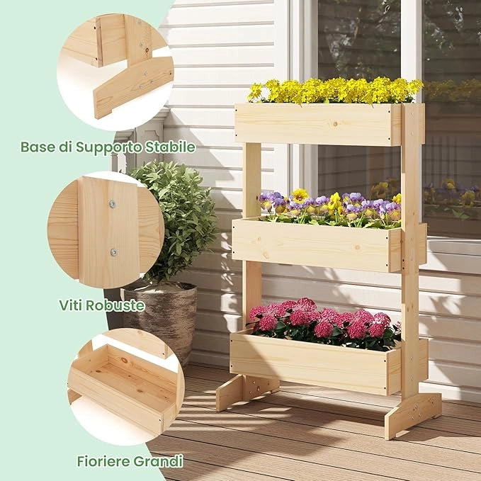 Letto da Giardino Rialzato a 3 Livelli, Fioriere in Legno da Interno e Esterno per Fiori, Verdure ed Erbe, Supporto per Vasi da Fiori Autoportante per Patio, Balcone e Giardino