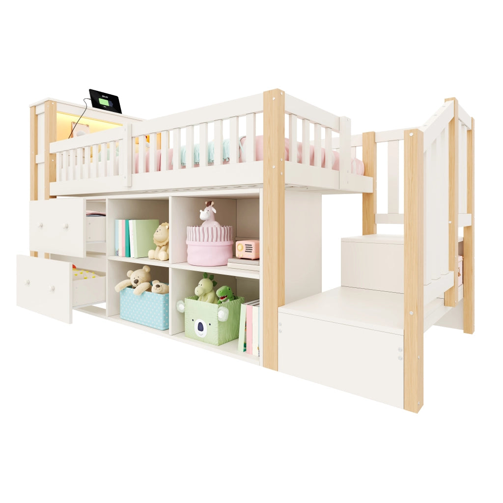 Letto rialzato per bambini 90x200 cm con cassetti; vani portaoggetti; scala contenitore e LED; bianco