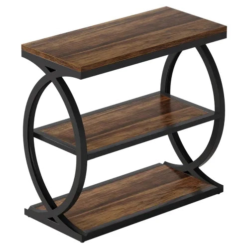 Tavolino basso fisso industriale farmhouse con 3 ripiani aperti in metallo e legno nero e marrone rustico 60 cm