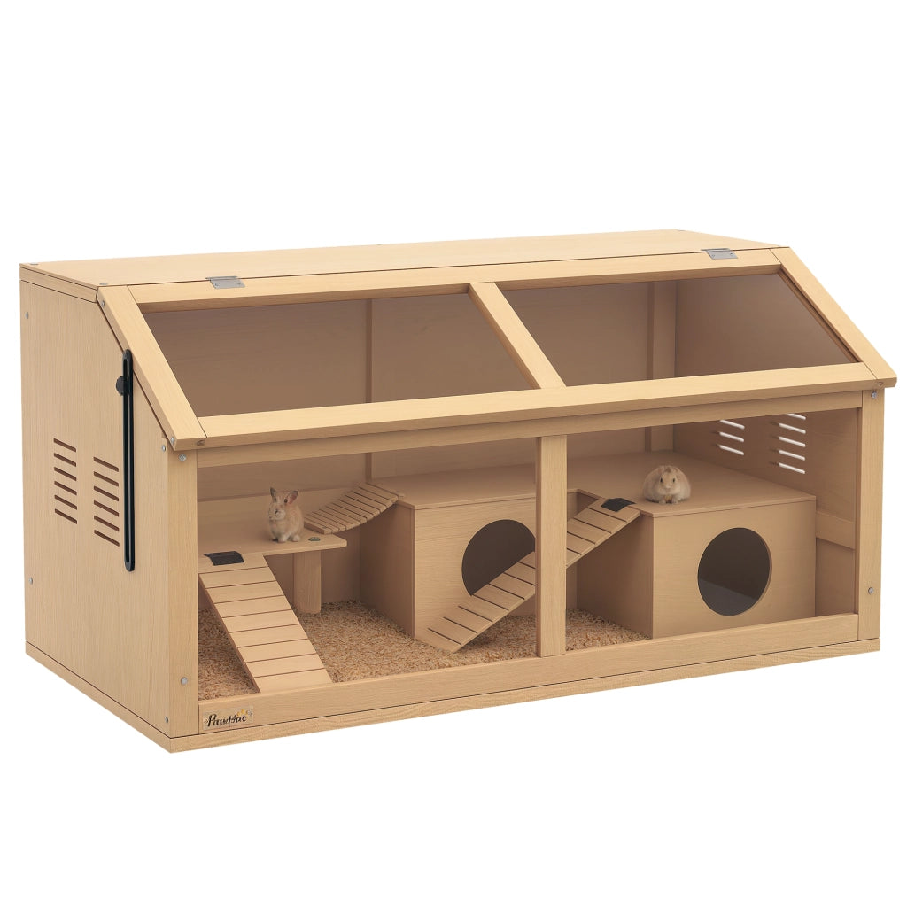Gabbia per Criceti con Piattaforma, Scalette, Capanna e Ponte, in Legno di Abete, 85x45x44 cm