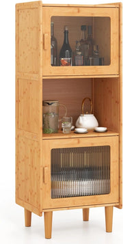 Credenza Cucina Salvaspazio in Bambù, Armadio Dispensa a 3 Cubi, Colonna Cucina con 2 Ante in Acrilico, Kit Anti-Ribaltamento per Sala da Pranzo, Studio, Soggiorno, 49,5x40x130 cm, Naturale