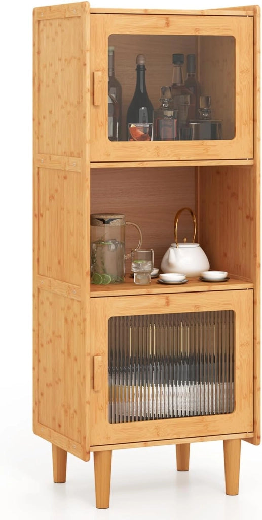 Credenza Cucina Salvaspazio in Bambù, Armadio Dispensa a 3 Cubi, Colonna Cucina con 2 Ante in Acrilico, Kit Anti-Ribaltamento per Sala da Pranzo, Studio, Soggiorno, 49,5x40x130 cm, Naturale