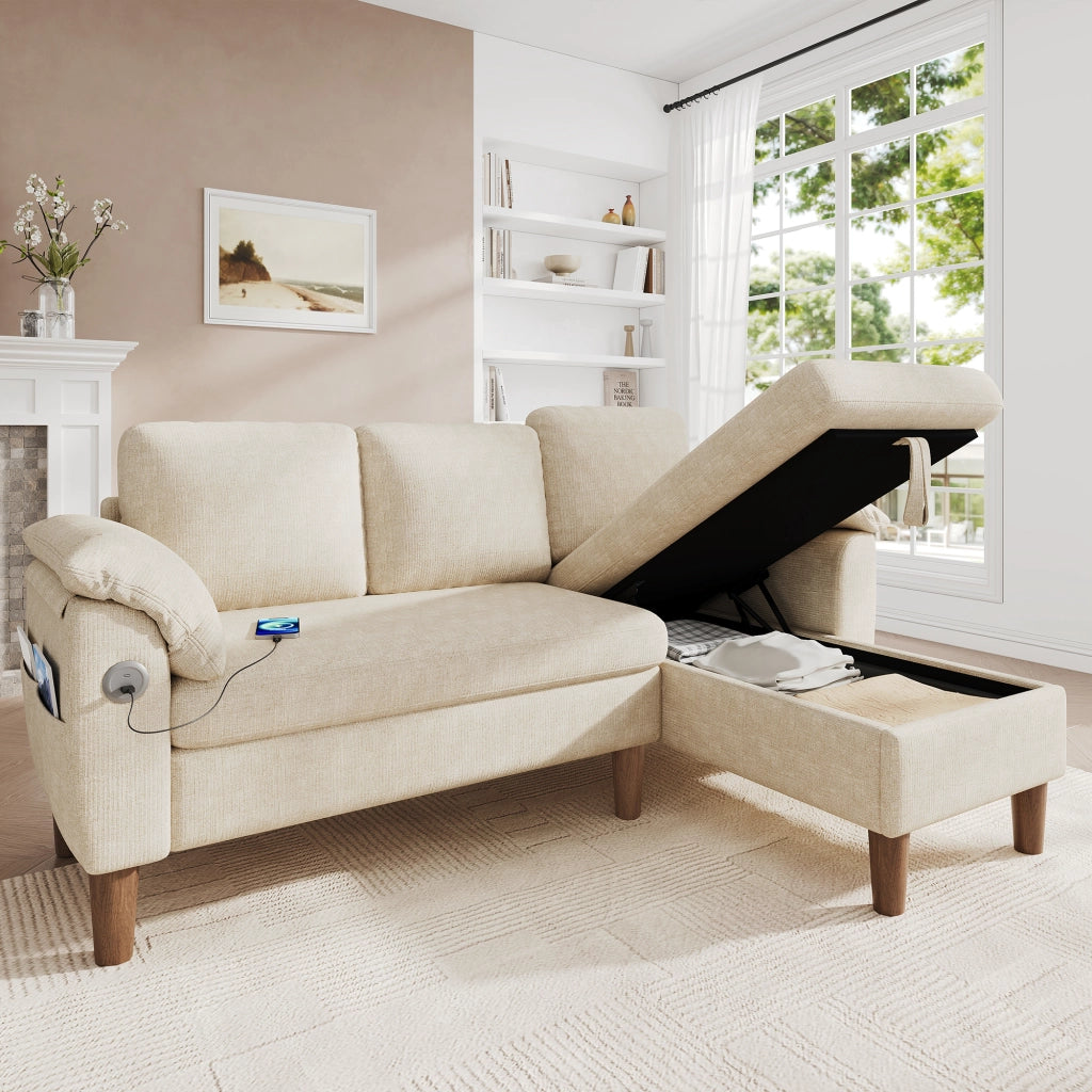 Divano angolare 3 posti con chaise longue contenitore e USB in chenille beige