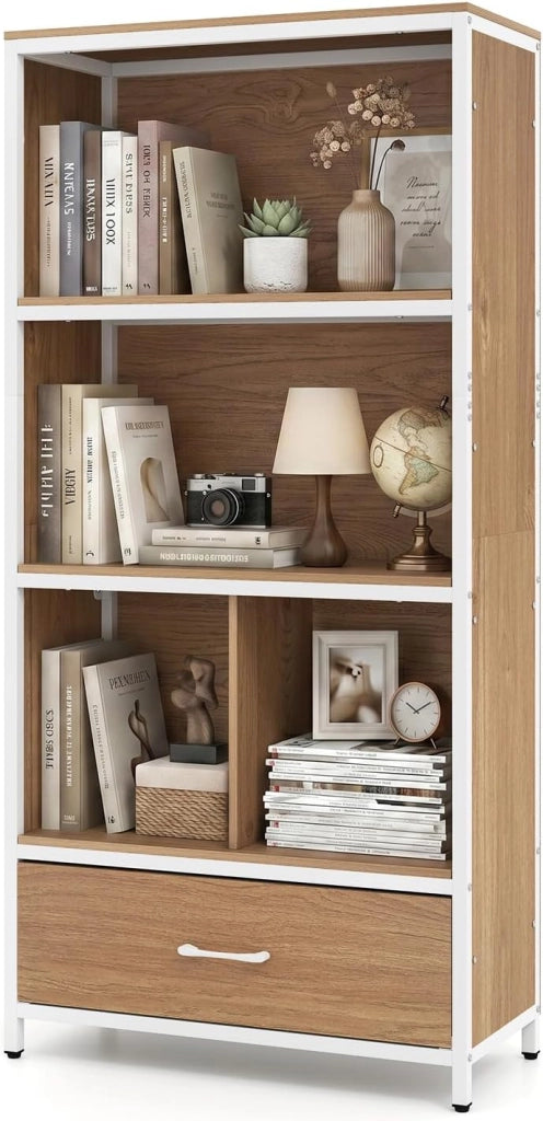 Libreria da Parete con Piano Superiore Ampio, 2 Grandi Scomparti, 2 Piccoli Scomparti e un Cassetto, Mobile Alto a 5 Livelli con 2 Accessori Antiribaltamento per Ufficio e Studio (Marrone)