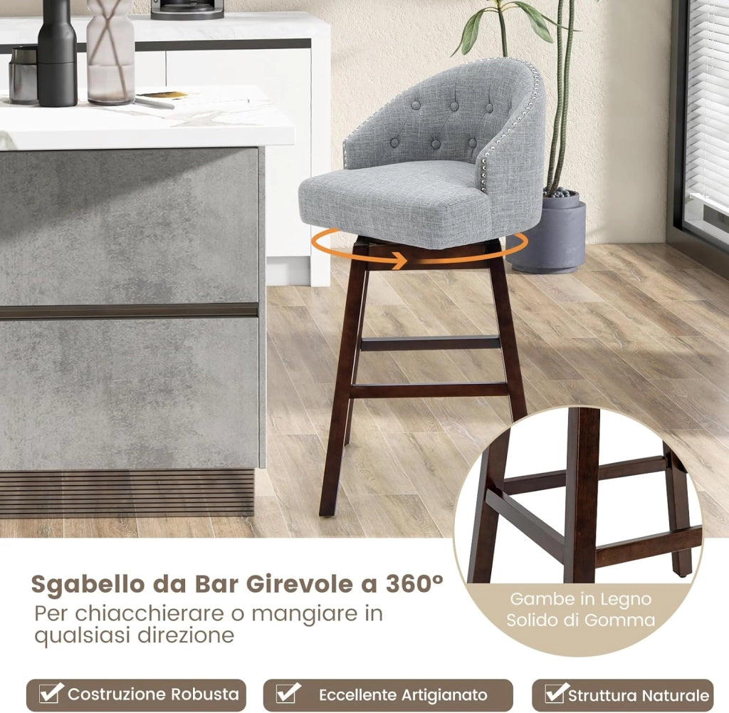Set di 2 Sgabelli da Bar, Sgabelli con Gambe in Legno di Gomma e Schienale Imbottito, Sgabelli da Bar Girevole, Ideale per Bar, Cucina, Soggiorno (Grigio)