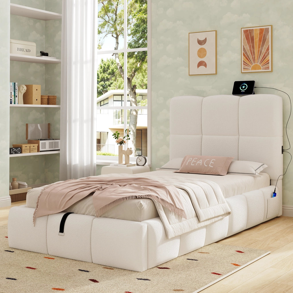 Letto singolo imbottito 90x200 cm con contenitore idraulico, rete a doghe, USB-C e rivestimento bouclé beige