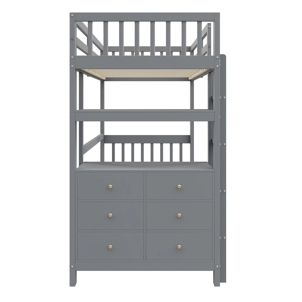 Letto a Soppalco Singolo ¨C MINIMAL ¨C Pino Grigio, Doghe, Cassetti, 90x200