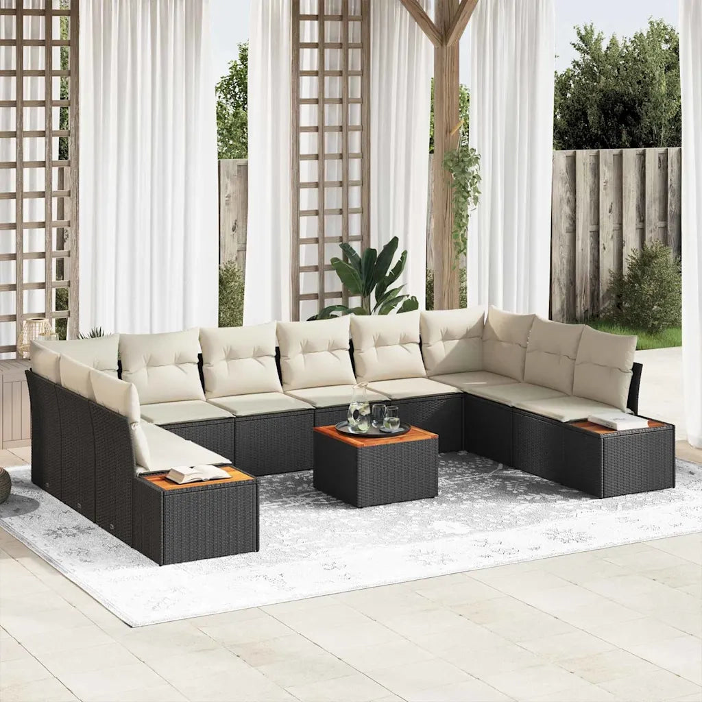 Set Divano da Giardino con cuscino 11 pcs Nero Poly Rattan