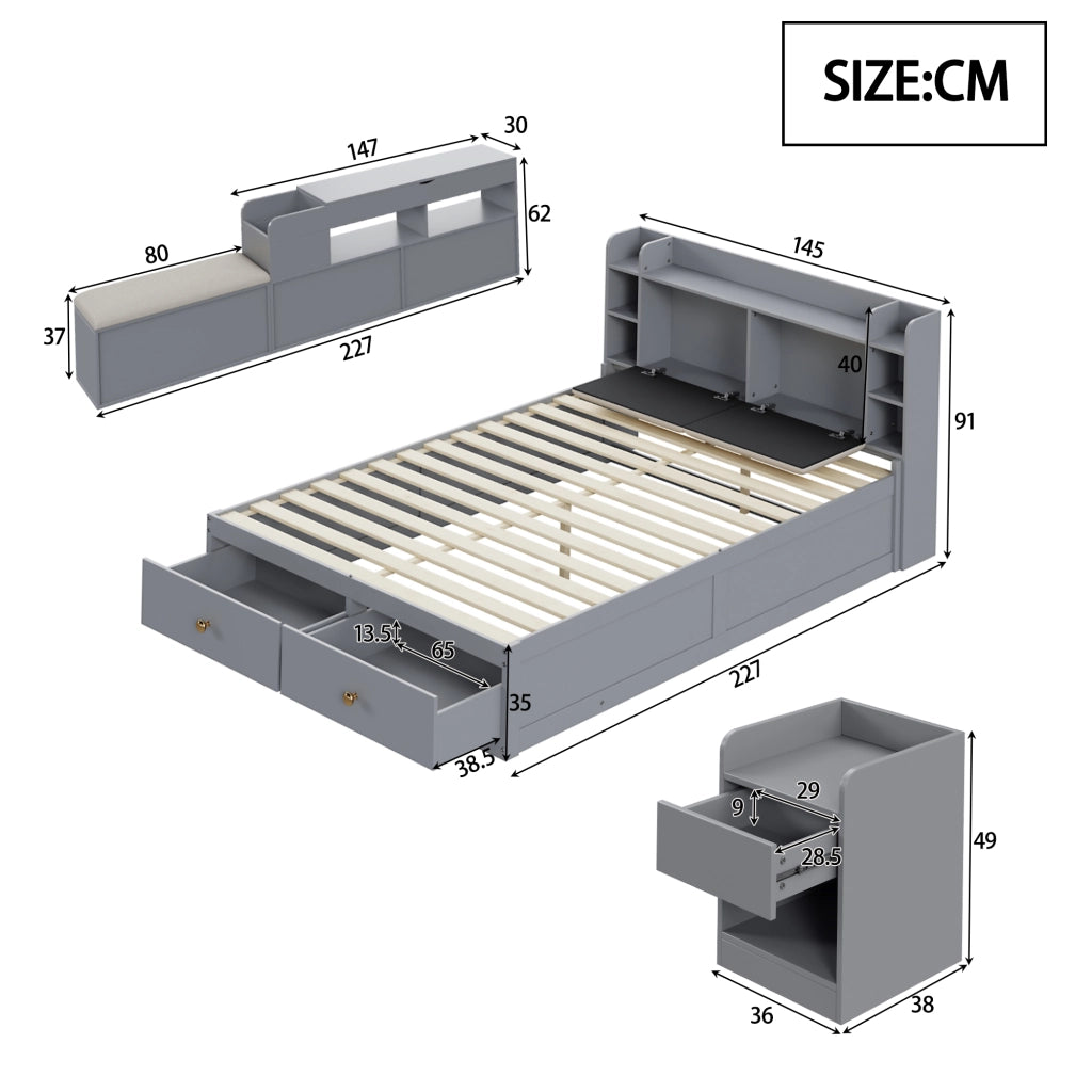 Letto combinato con contenitore in legno grigio 140x200 cm