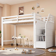 Letto a soppalco per bambini 90x200 cm con rete a doghe; scala contenitore e barriera; bianco