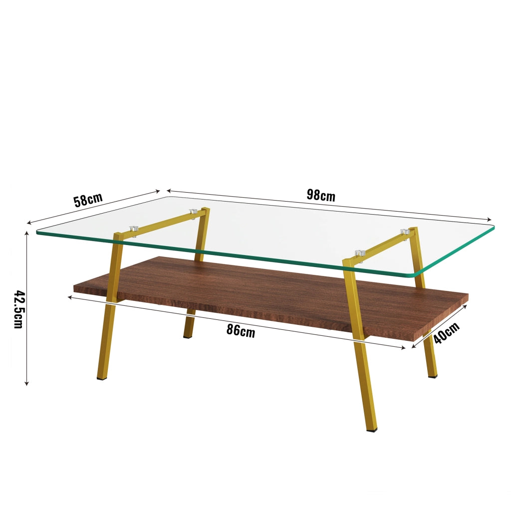 TAVOLINO da caffè rettangolare 98x58x42,5 cm in vetro temperato, MDF e oro