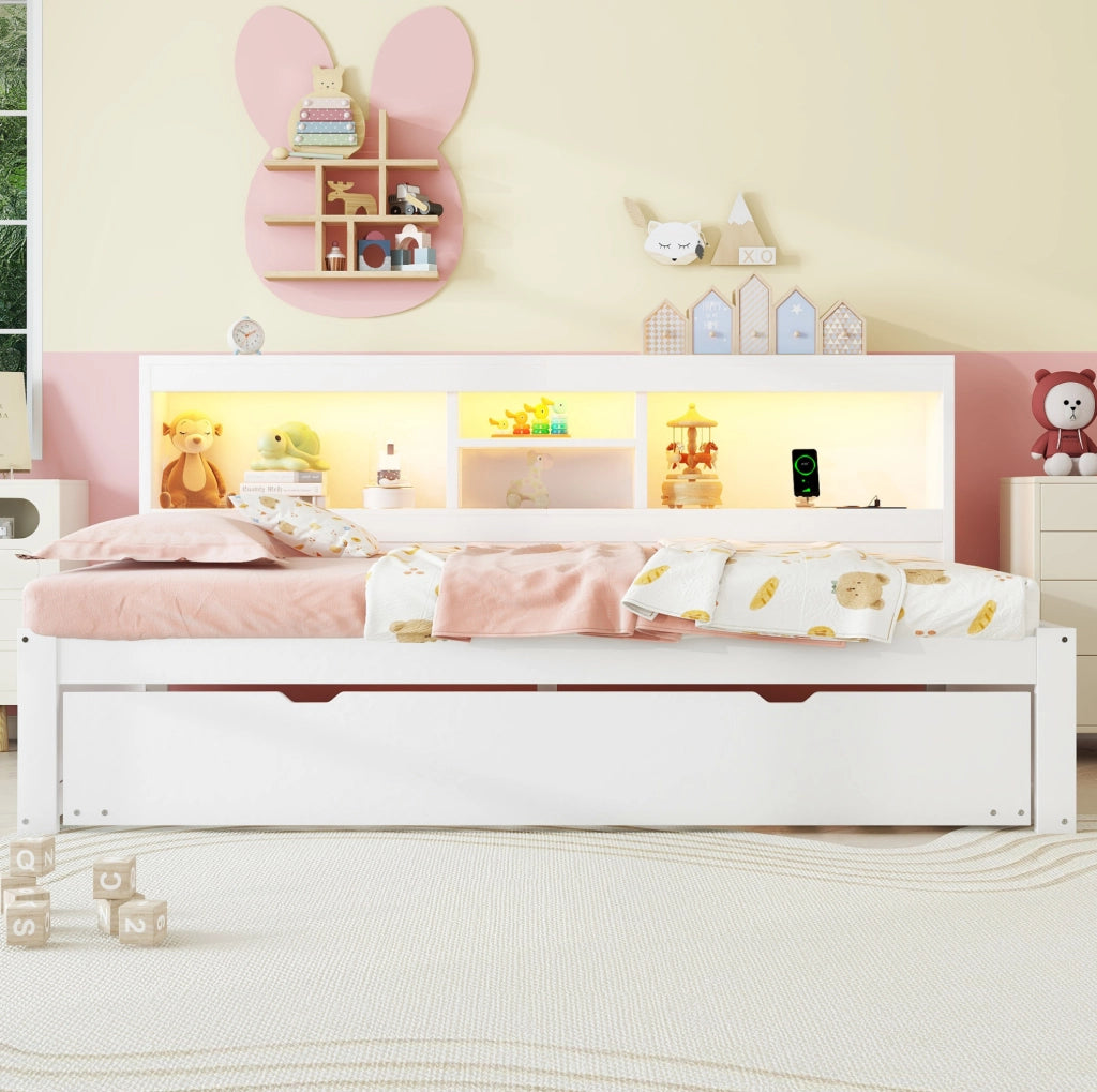 Letto giorno 90x200 cm con letto estraibile; luci LED; presa e USB; bianco