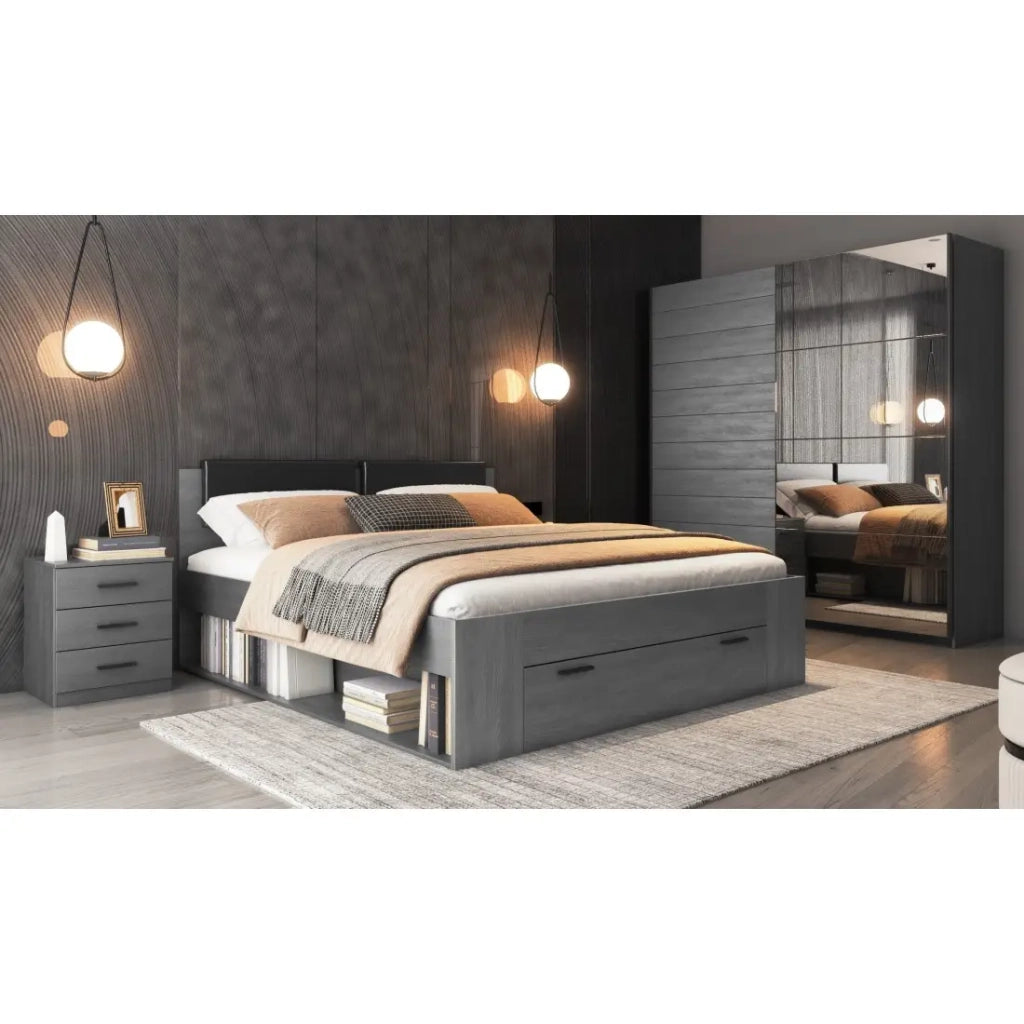 Letto adulto 180x200 con doghe e cassetti integrati - Collezione FLOYD. Colore grigio effetto legno.