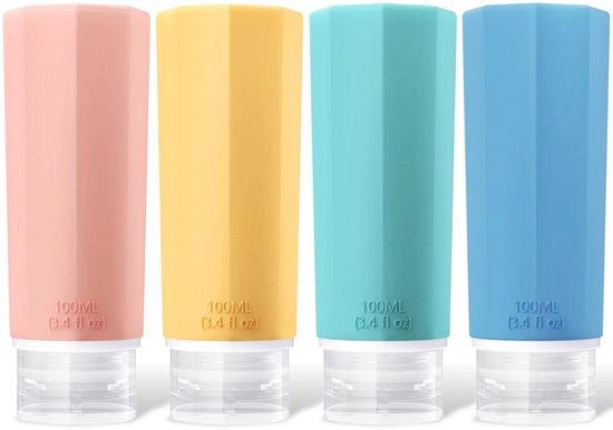 Set di flaconi per viaggio da 4 - 100 ml - Inerte - Contenitori riempibili - Formato di viaggio - Cosmetici/liquidi - Silicone - Set di viaggio