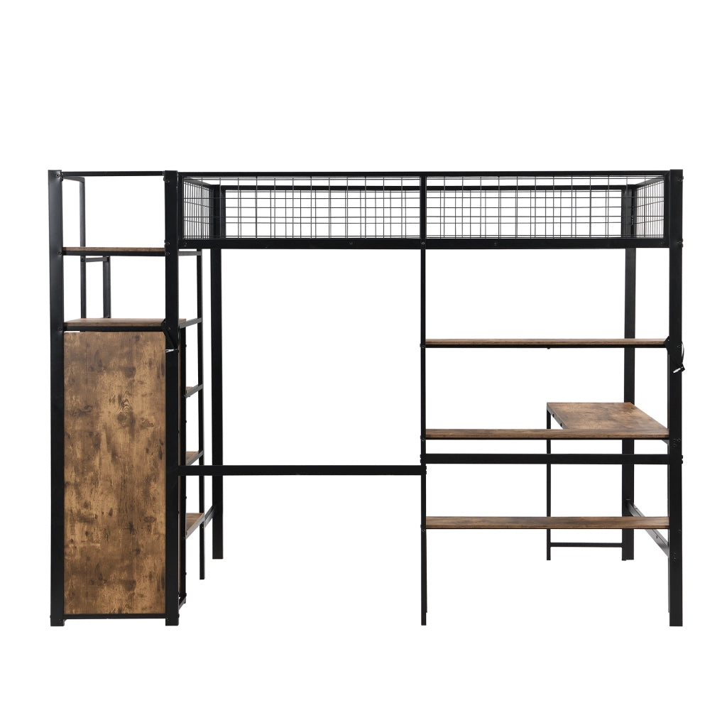 Letto a soppalco 140x200 cm; scrivania e armadio; MDF e metallo; nero e marrone (Senza materasso)
