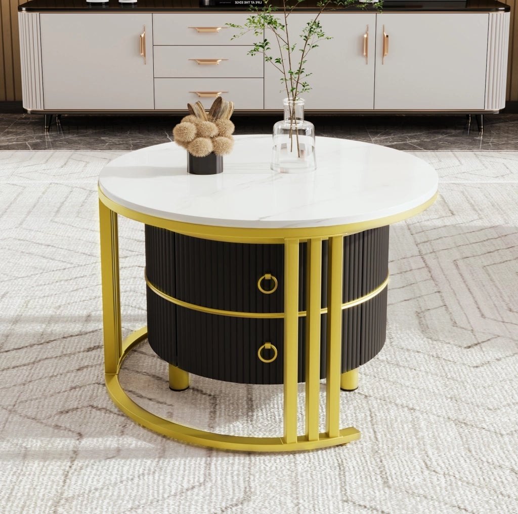 Set 2 tavolini da caffè rotondi 70x70x46 + 50x50x40 cm nero e oro con 2 cassetti, MDF