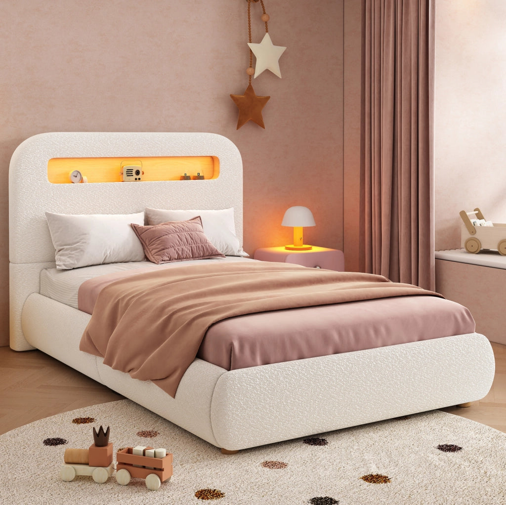 Letto imbottito con contenitore idraulico; LED e rete a doghe; bouclé bianco