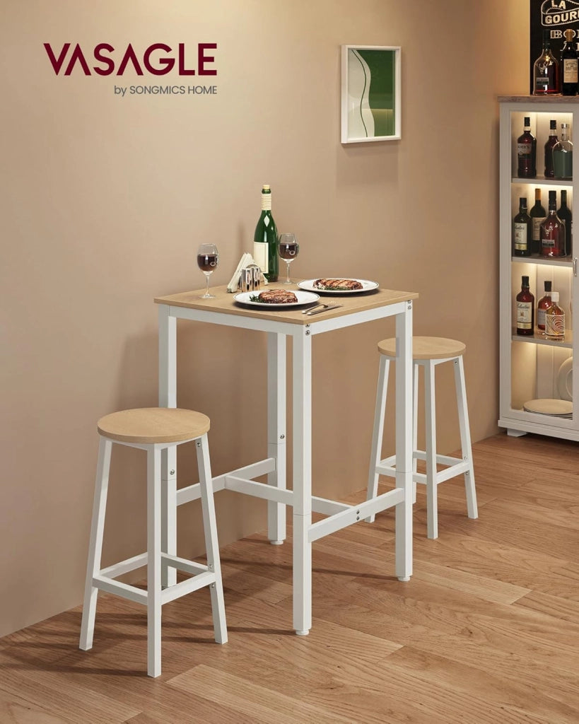VASAGLE Tavolino da Bar, Tavolino Alto Quadrato per Colazione, Struttura in Acciaio, 60 x 60 x 92 cm, Montaggio Facile, per Cucina Soggiorno, Stile Moderno, Beige Rovere e Bianco Classico LBT025W09