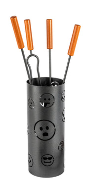 Trespolo per Attrezzi Camino Cilindrico Sagoma Faccine con Paletta Scopino Attizzino e Pinza Ø15,2x62 cm in Ferro